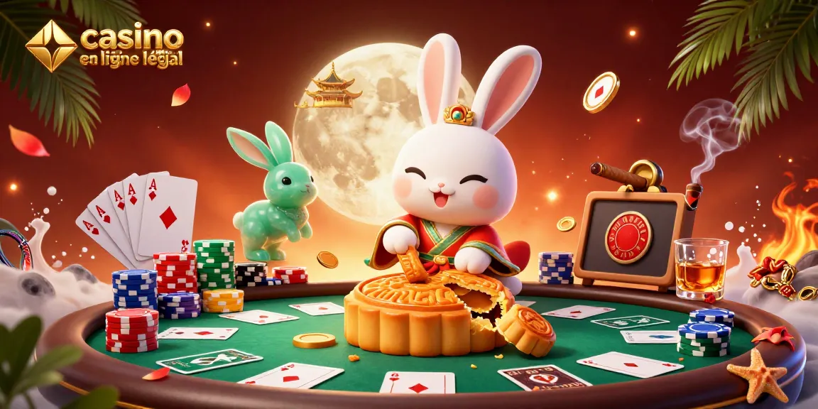 Illustration dynamique pour casino en ligne France légal avec un lapin de lune et des jetons de poker.