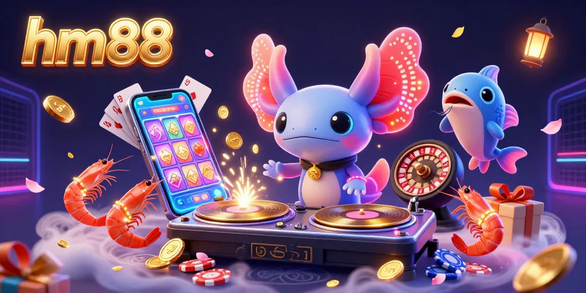 Engage with the vibrant world of hm88, featuring neon axolotl DJ and lively underwater gaming elements.