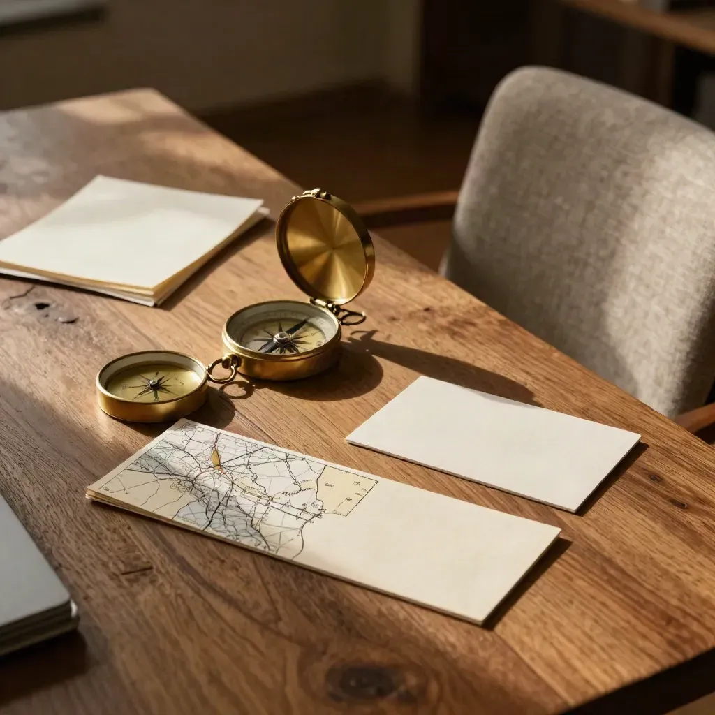 Brass compass, folded route strip and cream cards on an oak desk beside a chair in warm afternoon light