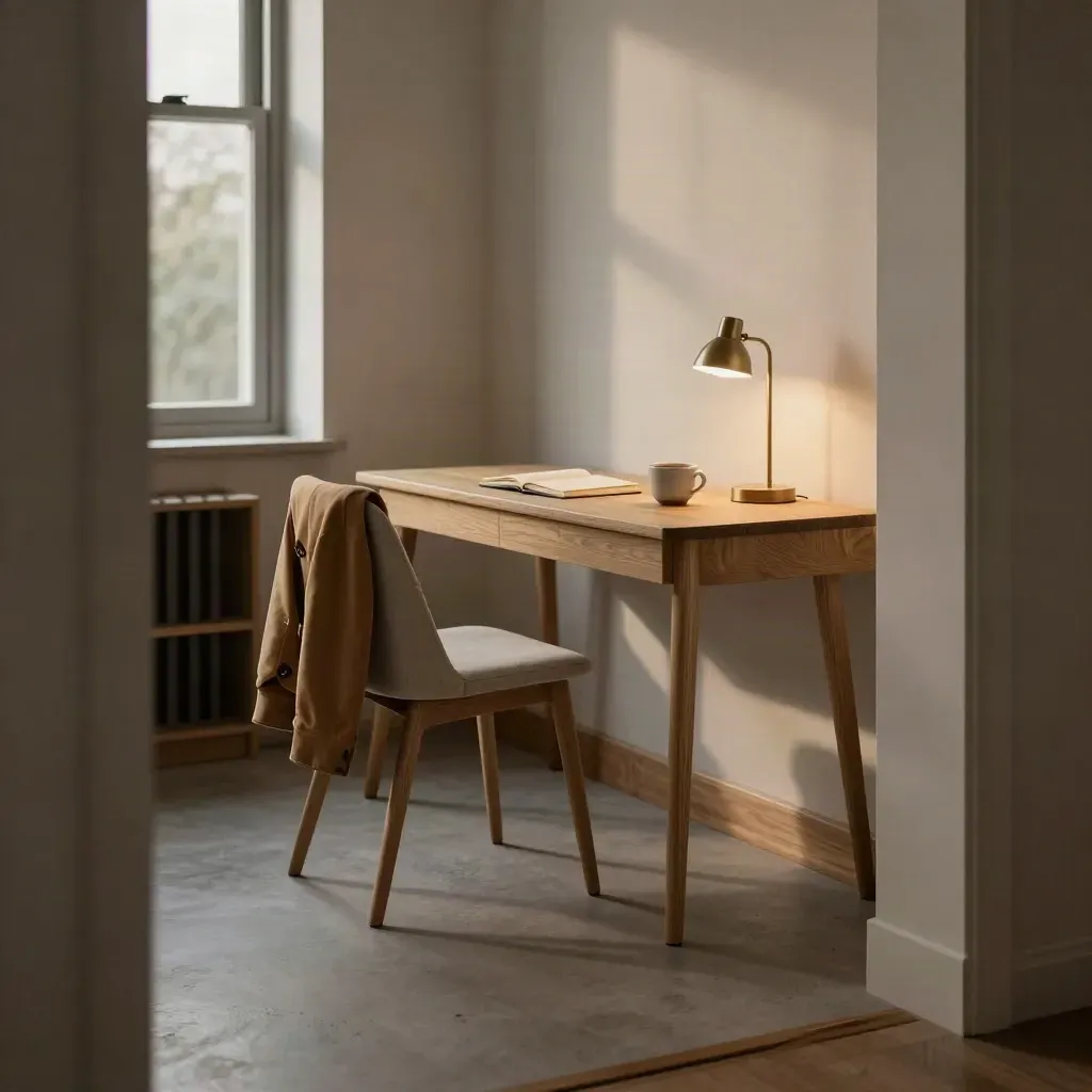 Warm home office corner with lit lamp, tucked chair, closed notebook and jacket draped over it.