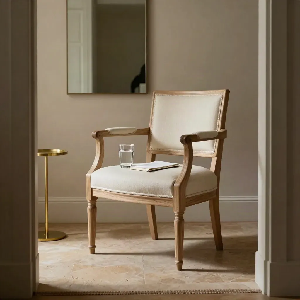 Empty coaching room with chair, water glass, notepad, and mirror reflection in soft light.