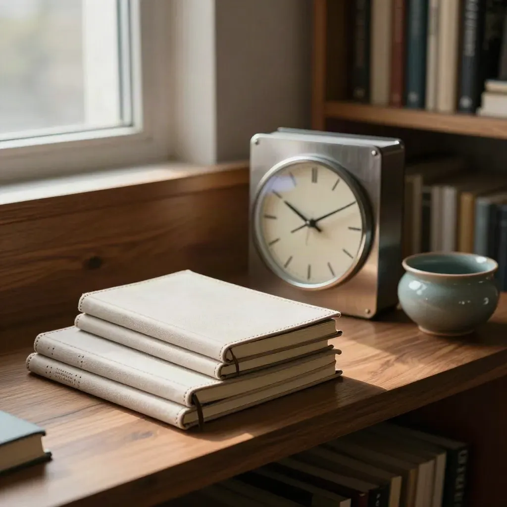 Three clothbound notebooks, a clock, and a teal ceramic catchall on a walnut shelf.