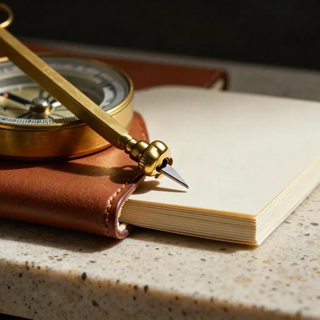 Macro still life of a brass compass, leather notebook spine and cream guidance cards on travertine.