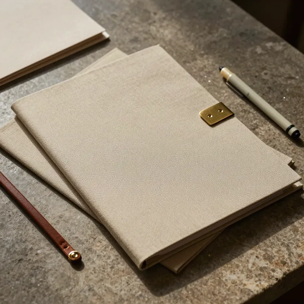 Two closed folders, brass tab, and ribbon marker on stone under dramatic light.