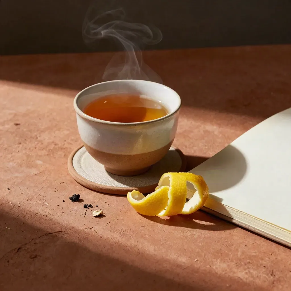 Steam rising from tea beside a lemon peel curl and closed notebook corner on terracotta.