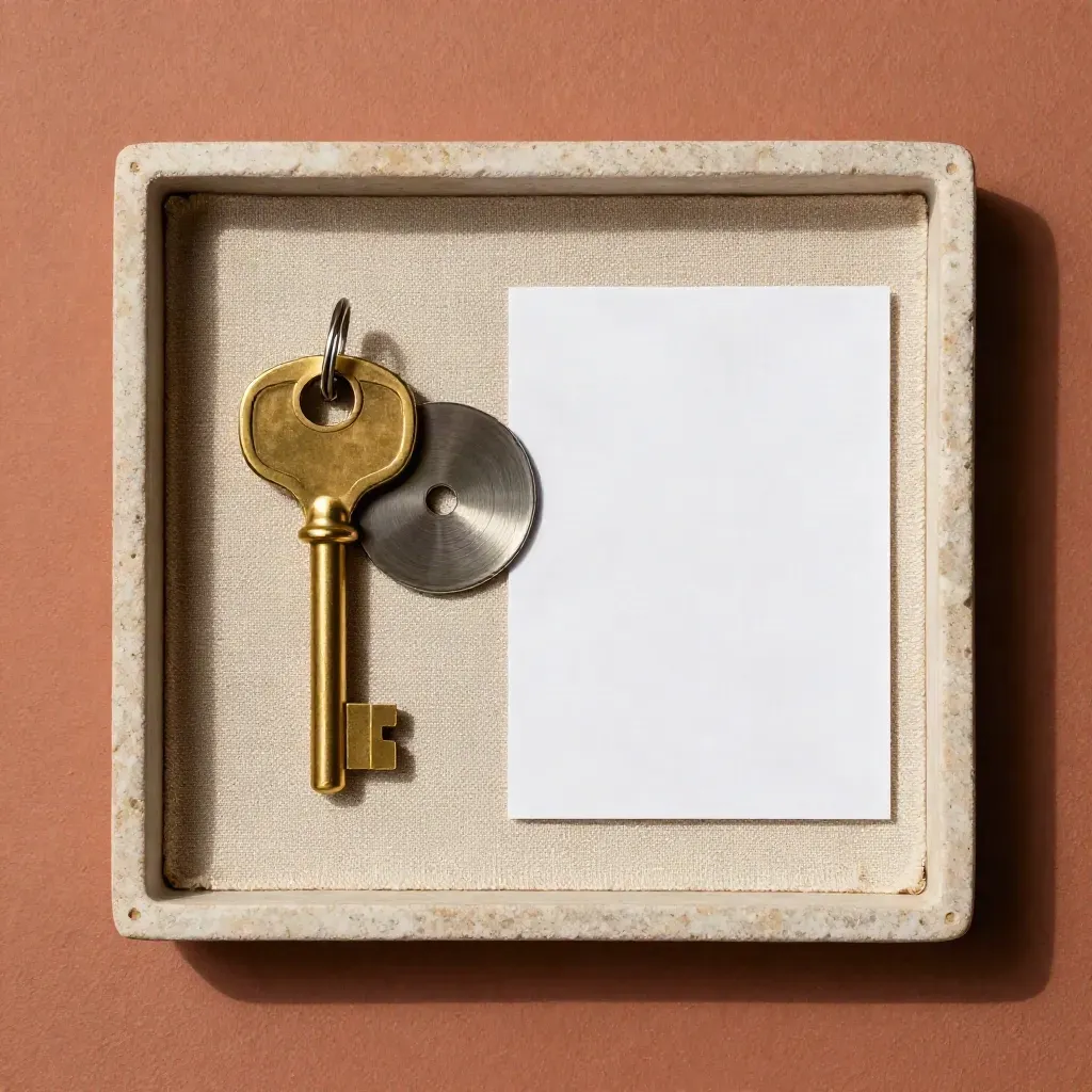 Brass key, timing disc, and blank card in a linen tray on terracotta plaster, overhead.