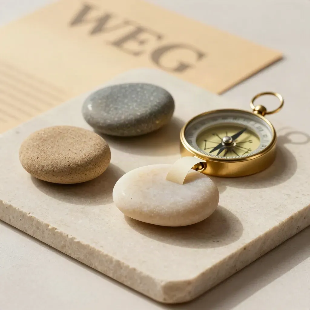 Paper loop circling one stone beside a brass compass and gradient stones on matte stone.