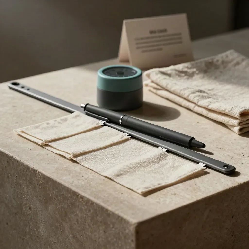 Blank tabs, capped pen and timer on linen mat in soft directional light.
