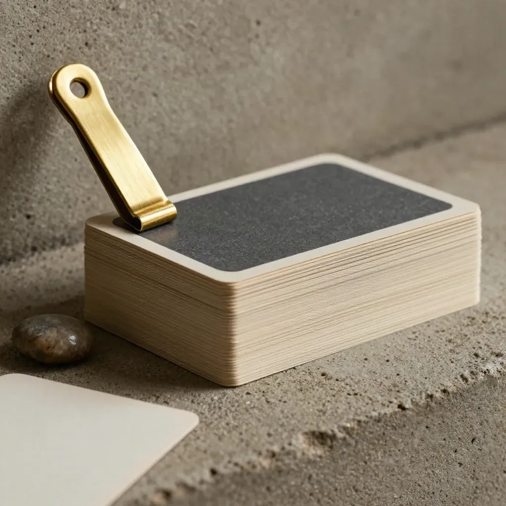Stone ledge still life with stacked cards, pebble, and brass clip in soft side light.