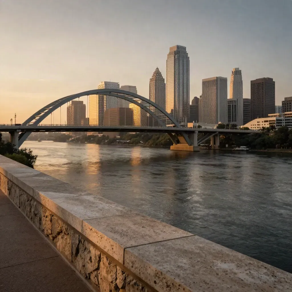 Austin skyline at golden hour from a south-bank overlook, bridge arc high, river haze below