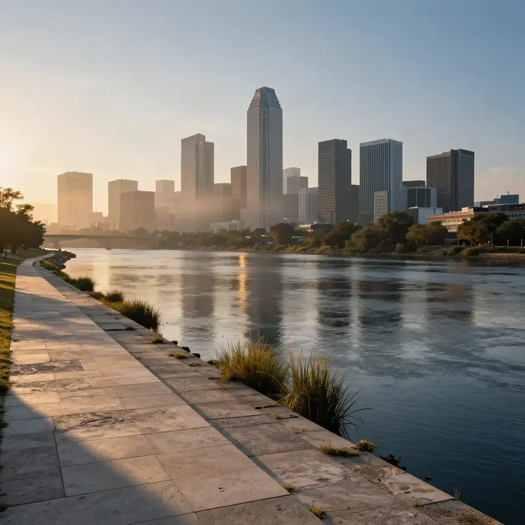 Dallas skyline with Reunion Tower over the Trinity River at blue hour
