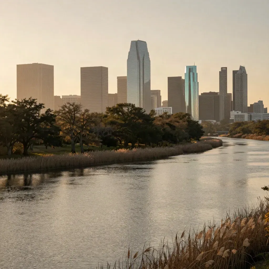Houston skyline above Buffalo Bayou in warm haze, live oaks and calm water under golden light