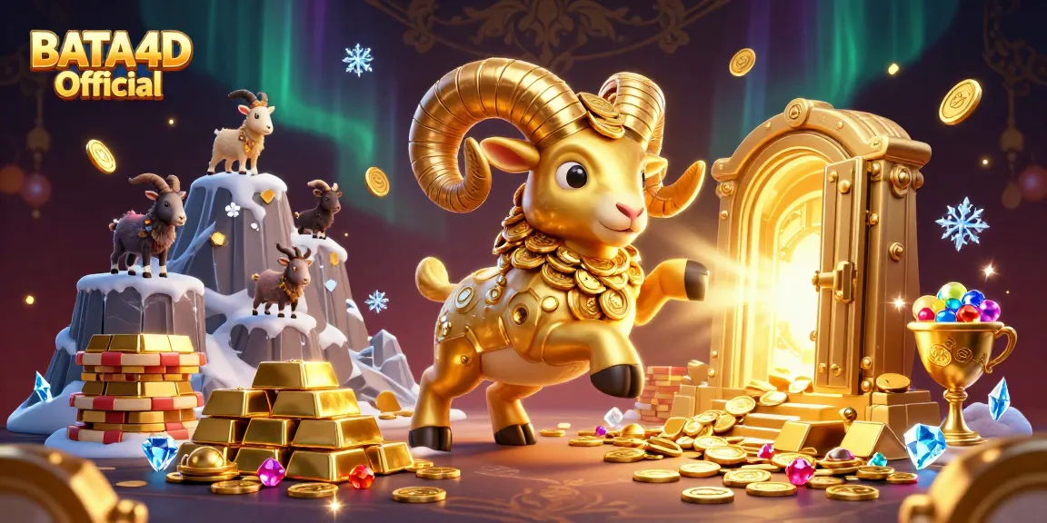 BATA4D Official showcases a golden ram charging through a treasure vault, representing online gaming adventures.