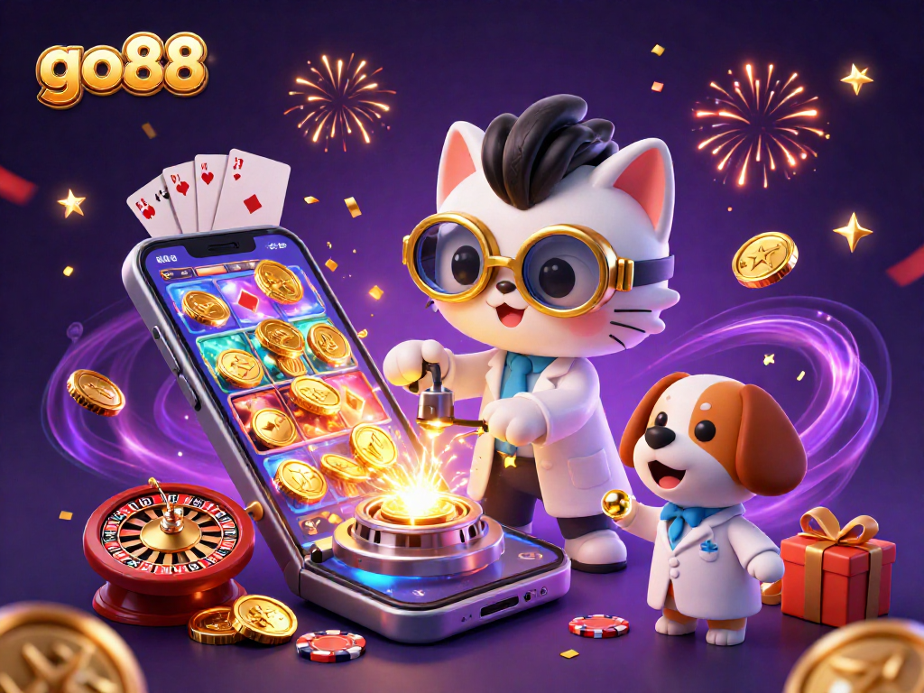 Join the excitement at go88 with a thrilling 3D illustration of a mad scientist cat and dog amid casino games.