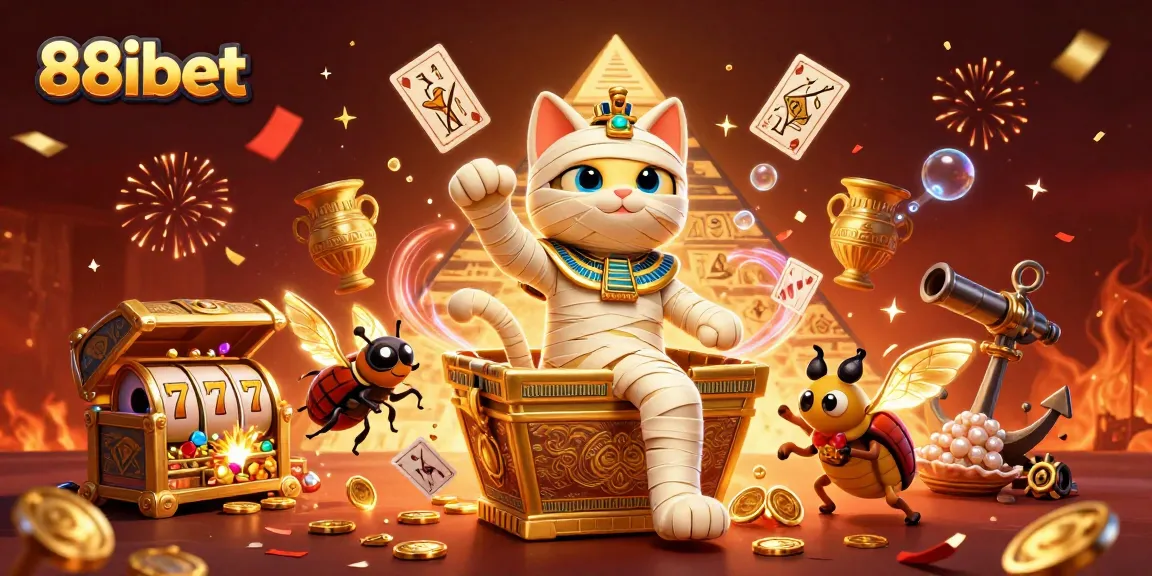 Immerse in the dazzling 88ibet casino scene with a mummy cat and treasure-filled adventure.
