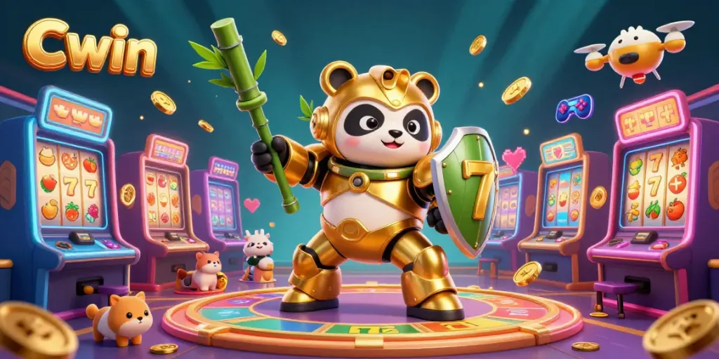 Cwin's casino adventure highlighting a golden panda mech-suit and vibrant slot machines.