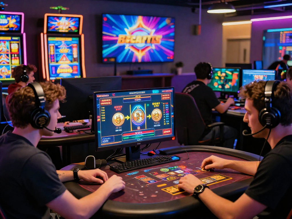 Exciting crypto casino gaming scene with players celebrating wins and diverse currencies displayed on screens.