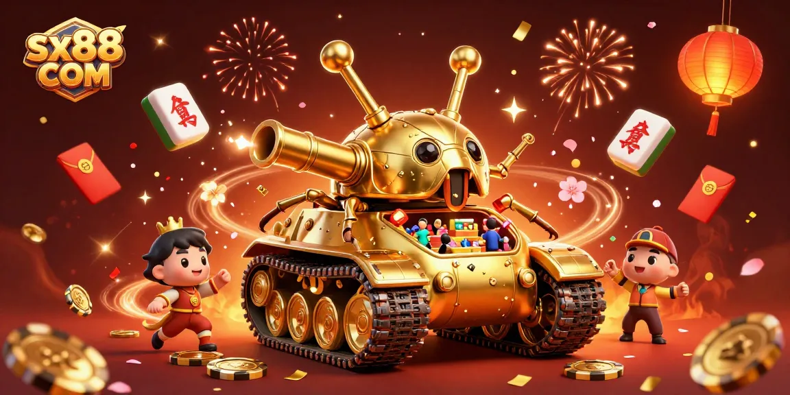 Experience thrilling gameplay at sx88 COM, featuring a golden beetle tank casino with vibrant decorations and confetti.