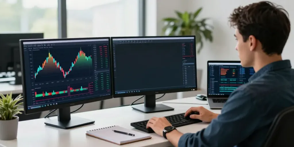 Trader engaging with MetaTrader 5 platform on dual monitors in a modern office.