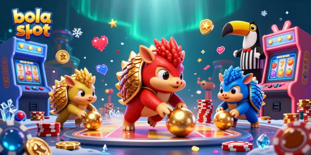 Experience the excitement of bola slot with rival pangolins in a vibrant, casino-themed showdown.