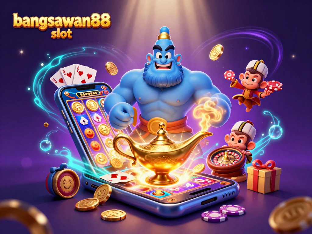 Spin reels and win big with bangsawan88 slot in this vibrant casino-themed scene.