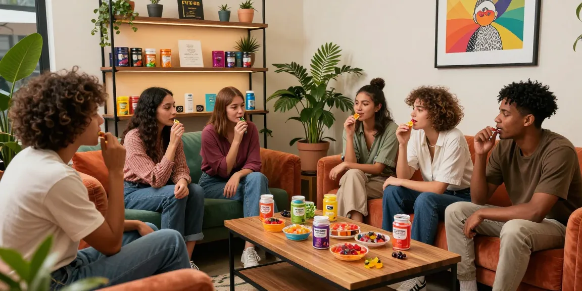 Friends savoring thc gummies together in a stylish cannabis lounge, colorful ambiance enhancing their experience.