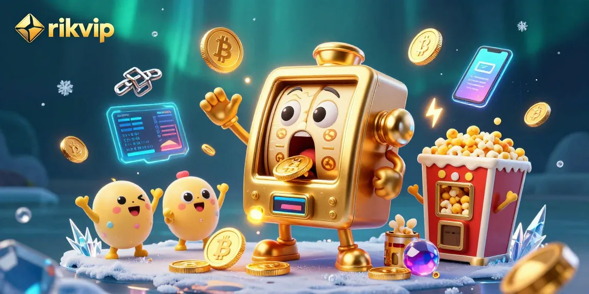 rikvip slot machine celebrating a jackpot win, surrounded by golden coins and crypto elements