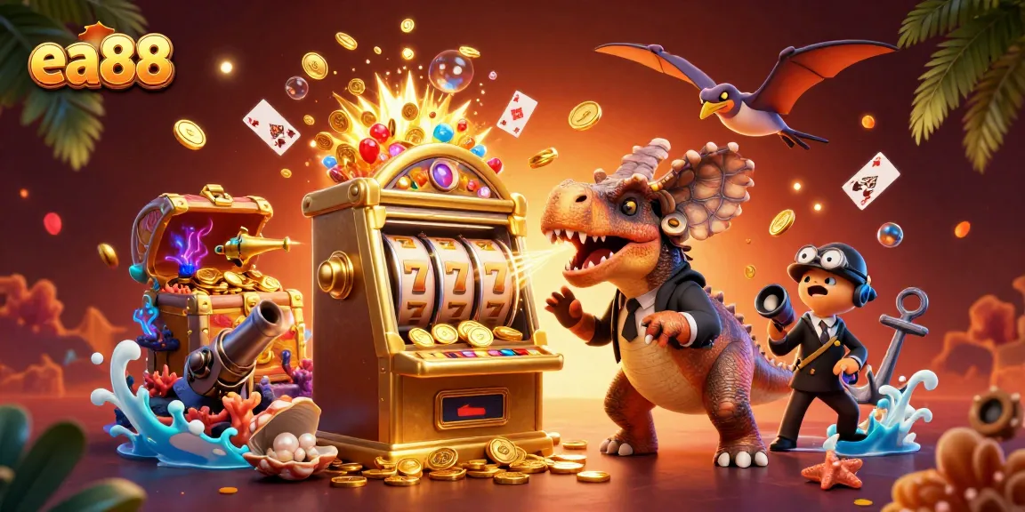 ea88 showcases a chaotic 3D casino scene with a pachycephalosaurus activating a jackpot, capturing the excitement of gaming.