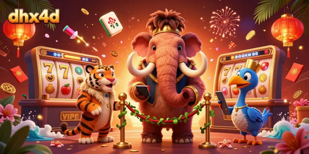 DHX4D menghadirkan ilustrasi kasino dengan karakter unik dalam suasana yang hangat.