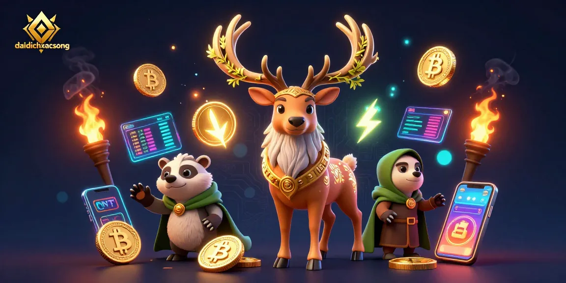 Engage in daidichxacsong gameplay featuring a druid stag and badger amidst glowing cryptocurrencies and vibrant mystical elements.
