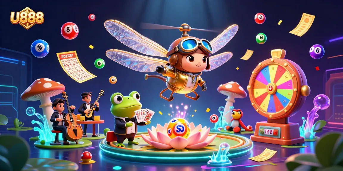Experience U888's vibrant gaming world with a unique dragonfly pilot, frog croupier, and whimsical music.