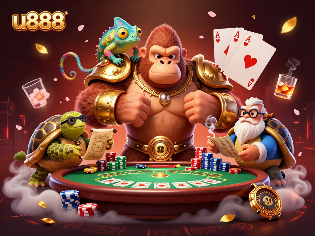 Experience thrilling gameplay at u888 with a scene of vibrant poker action featuring a powerful gorilla and wise tortoise.