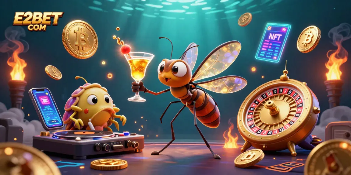 Experience E2BET COM's vibrant casino scene with dynamic 3D characters and crypto elements.
