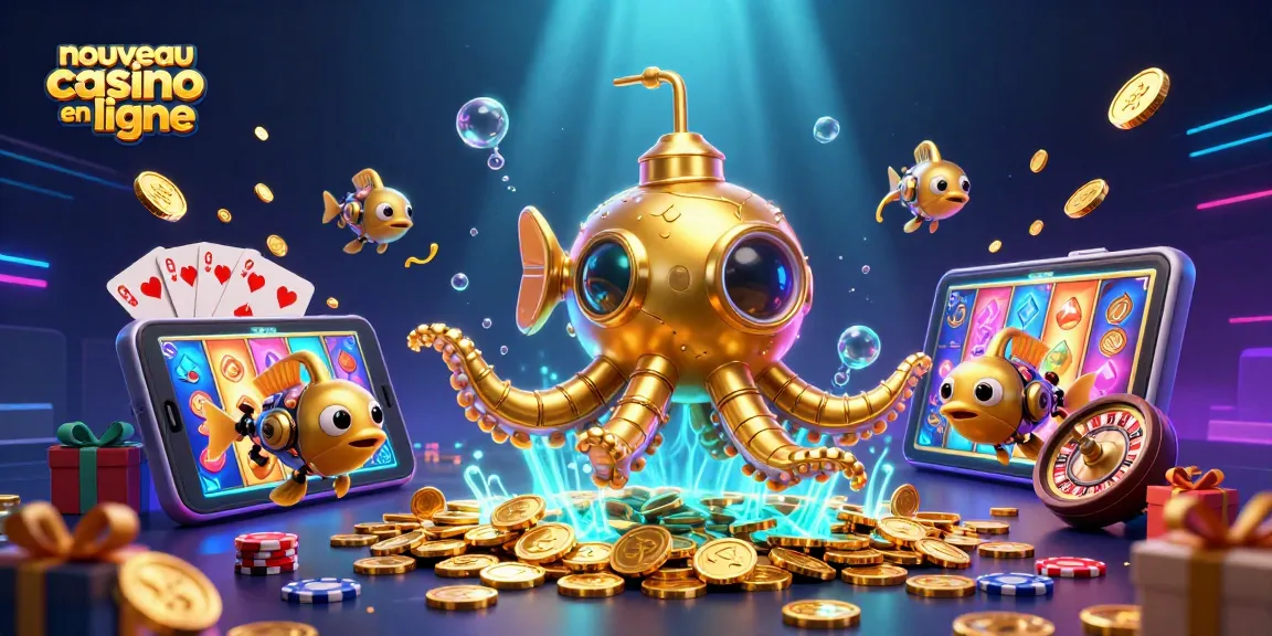 Profitez de l'expérience captivante d'un nouveau casino en ligne avec un kraken en 3D émergeant des pièces d'or.