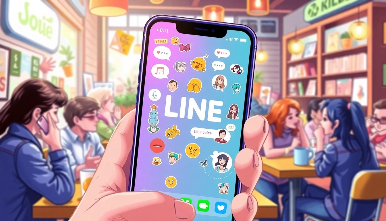 使用LINE下載的用戶在咖啡廳互動，展示多媒體內容的生動場景。