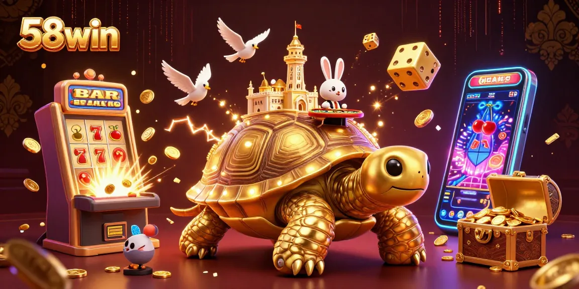 Experience excitement with 58win's vibrant casino scene, featuring a golden tortoise and rabbit dealer.