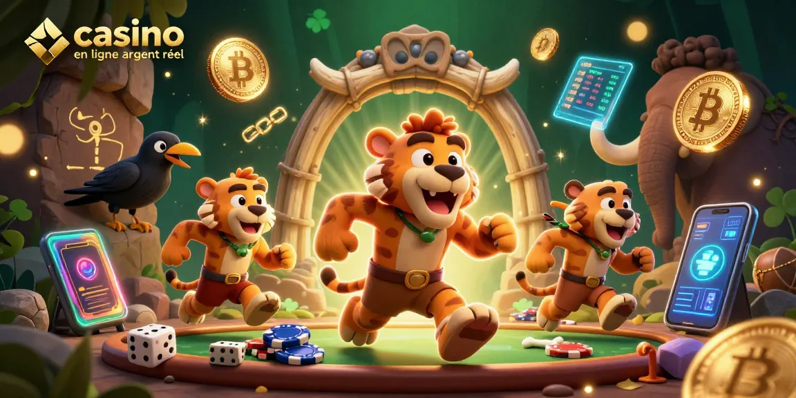 Jouer au casino en ligne argent réel avec des personnages préhistoriques et des éléments de blockchain.