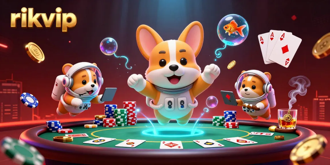 Experience the thrill of rikvip gaming with a 3D astronaut corgi in a floating casino scene!