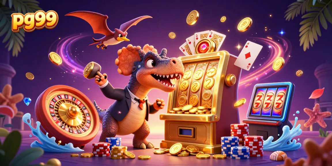 Experience thrilling gameplay at pg99 with a cartoon dinosaur hitting a slot machine for jackpots.