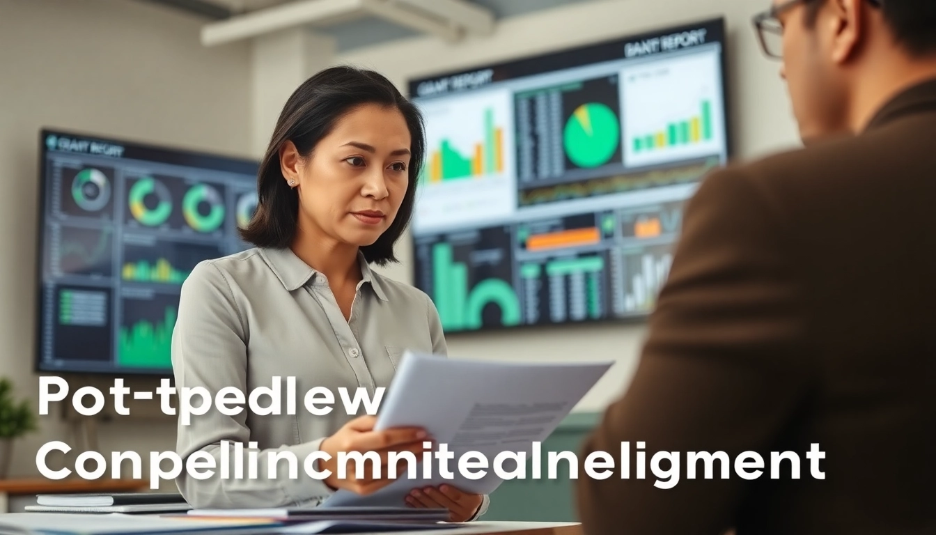 Analyze post-award compliance management reports with a consultant discussing results in the office.