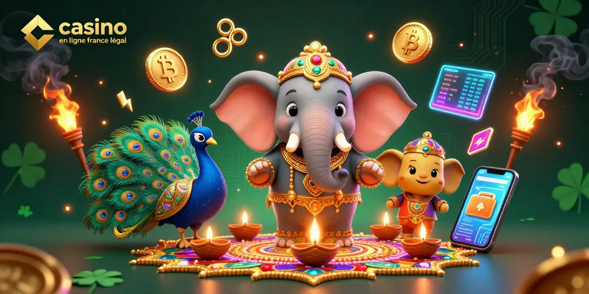 Visualisez le casino en ligne France légal avec une illustration 3D captivante d'Éléphant et Paon, entourés d'éléments de jeu dynamique.