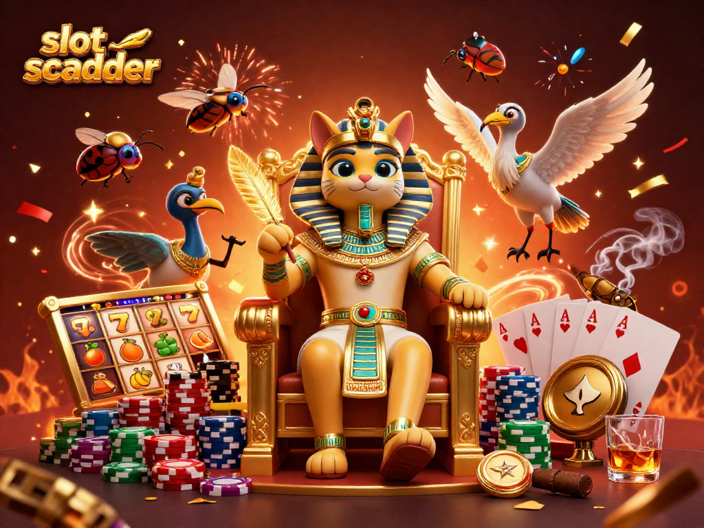 Experience slot scatter action with 3D pharaoh cat and vibrant casino elements in a dynamic scene.