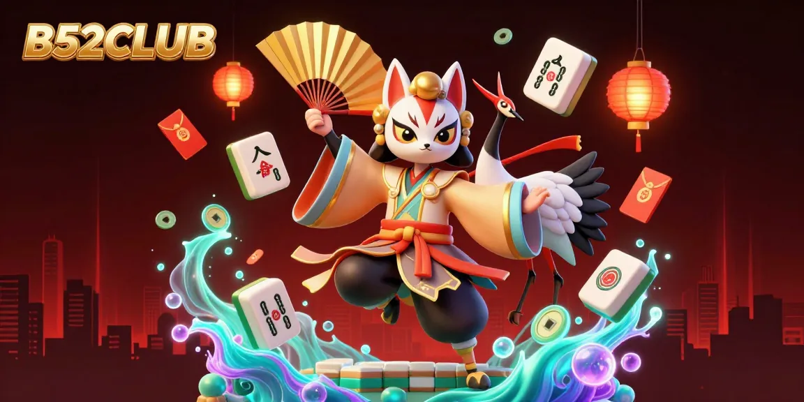 B52CLUB offers a vibrant 3D illustration featuring a kabuki warrior amid dynamic casino elements and lucky charms.