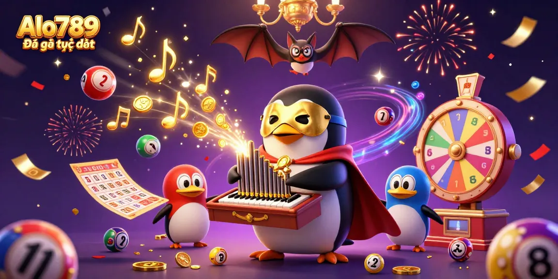 Alo789 Đá gà trực tiếp scene featuring a cartoon penguin playing an organ amidst colorful lottery elements and festive fireworks