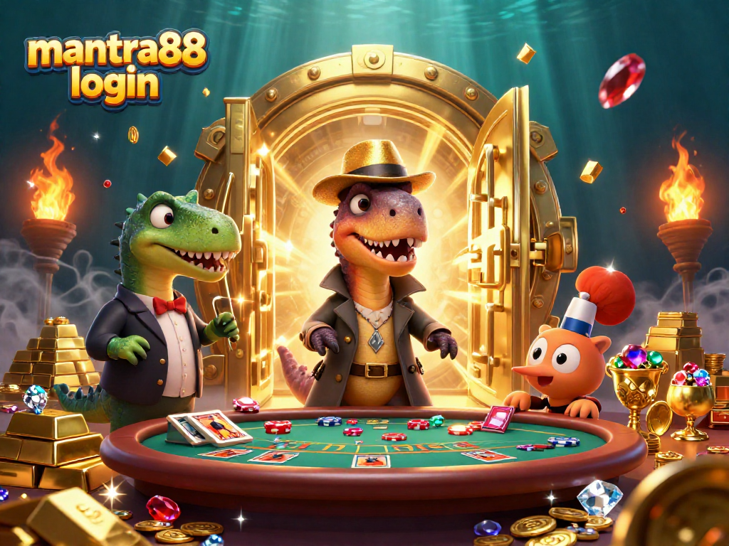 Join the excitement with mantra88 login at this vibrant 3D casino scene featuring animated characters in action.