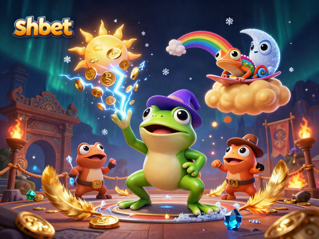 Experience shbet's thrilling gambling adventures with a vibrant 3D illustration of a weather wizard frog and chameleon