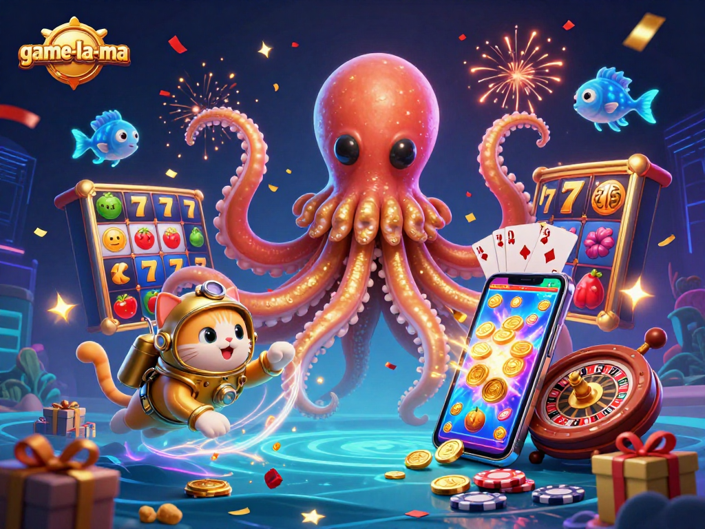 Experience the thrill of game-la-ma with a vibrant 3D slot illustration featuring a victorious kraken!