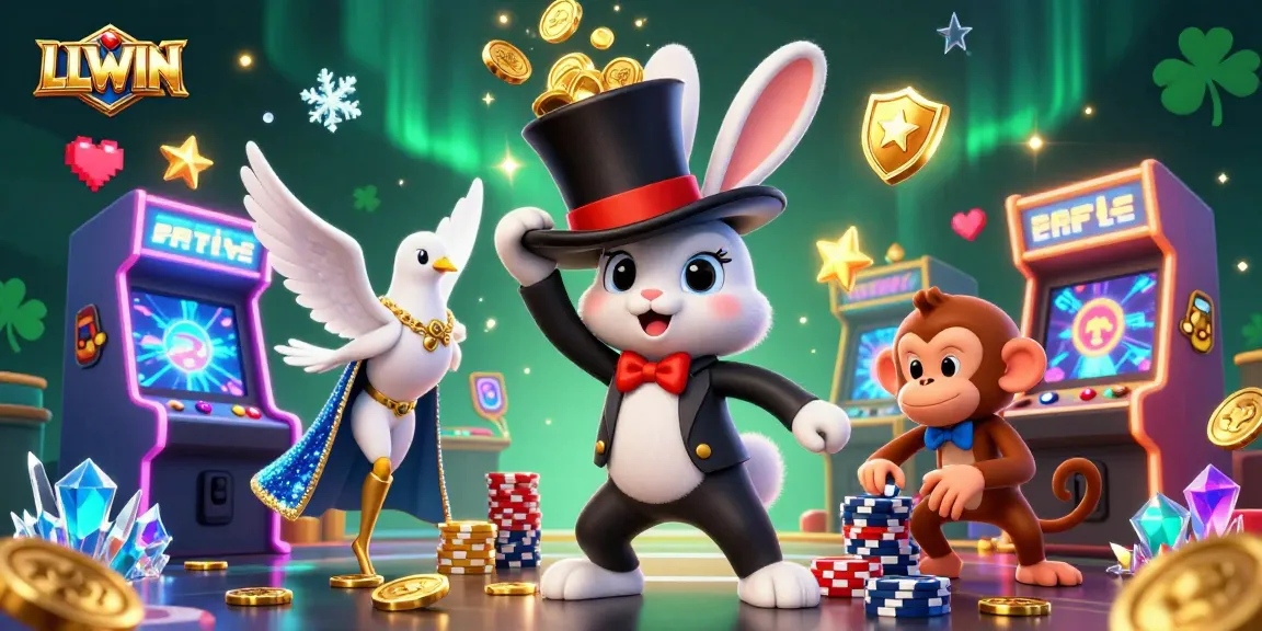 Play exciting games at LLWIN with vibrant 3D characters surrounded by golden coins and colorful arcade elements.
