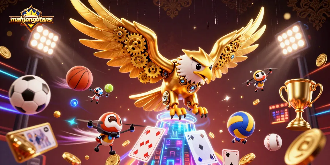 Engage with mahjongtitans as cybernetic eagle dives through holographic cards amidst vibrant gaming action.