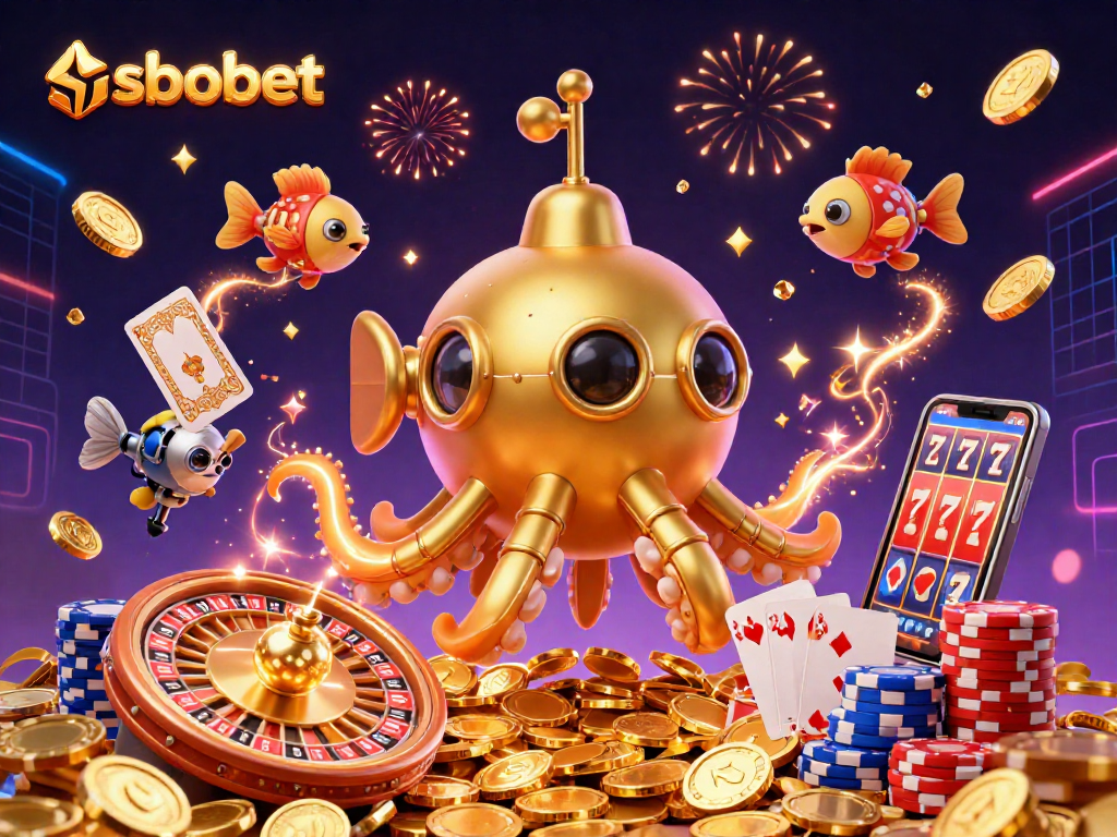 Bet on SBOBET with festive dynamic elements, showcasing a kraken submarine and casino riches.